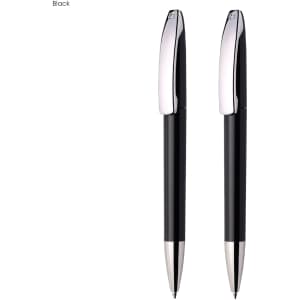 A set of two black plastic pens with chrome accents and a sleek design, featuring a logo on each pen.