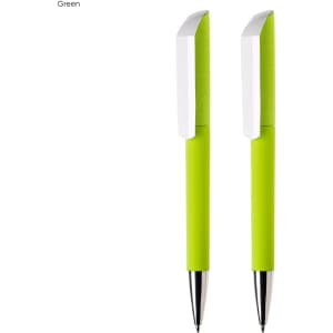 A set of two green plastic pens with white accents and a branding logo on the barrel.