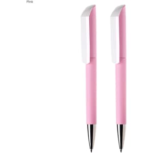 A set of two pink plastic pens with white accents, featuring a sleek design and a logo on the side.