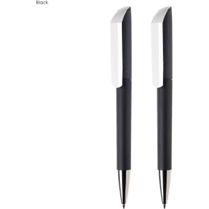 Two black plastic pens with a textured grip and shiny silver tips, featuring a branding logo.