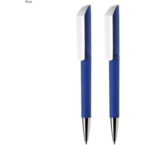 A set of two blue plastic pens with white accents and a logo on the clip.