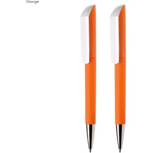 An orange pen set featuring two sleek plastic pens with metallic tips and white accents, including a logo.