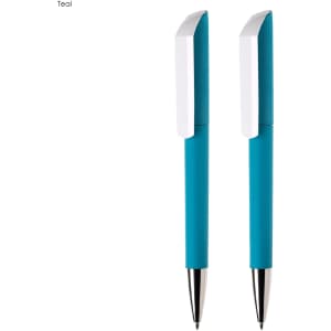 A teal pen set featuring two plastic pens with white accents and a textured grip. Includes a branding logo.