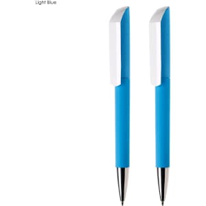 A set of two light blue plastic pens with white accents and a logo on the barrel.