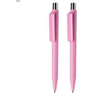 A set of two pink pens with a sleek design and silver accents, featuring a logo.