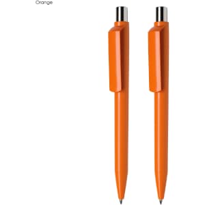 An orange pen gift set featuring two pens with a sleek design and a clip. Includes branding on each pen.