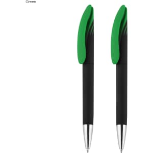 Aster Signature Pen Gift Set featuring two pens with black bodies and vibrant green grips. Includes a branding logo.