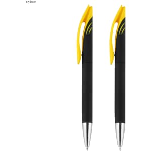 A set of two black and yellow Aster signature pens, featuring a sleek design and a clip for easy attachment.