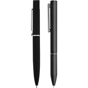 A pen gift set featuring two metal pens in black, with a simple design and metal clips. Includes a branded logo.