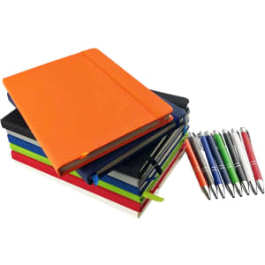 An assortment of A5 notebooks in various colours, accompanied by a set of pens in multiple colours.