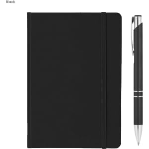 A black A5 notebook with a pen beside it, featuring a sleek design and an elastic closure band.