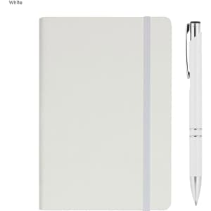A white A5 notebook with a grey elastic band and a matching white pen. The notebook has a logo on the cover.