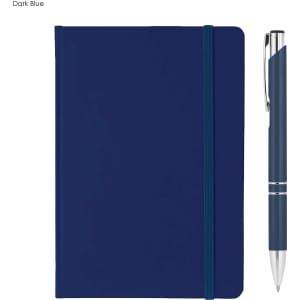 A dark blue A5 notebook with an elastic band and a matching pen, featuring a logo.