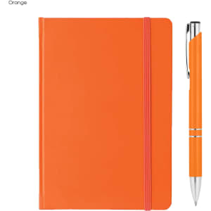 An orange A5 notebook with an elastic band and a matching pen set beside it. The notebook has a logo on the cover.