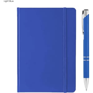 A light blue A5 notebook with a matching pen, featuring a branding logo on the pen.
