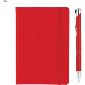 A red A5 notebook with an elastic band closure and a matching pen, featuring a silver trim.