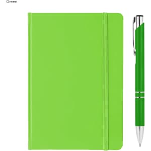 A green A5 notebook with a matching pen. The notebook features an elastic closure and a simple design.