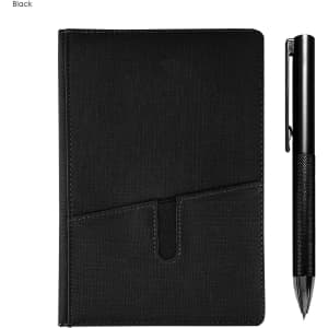 A black notebook with a textured cover and a sleek black pen, featuring a branding logo.