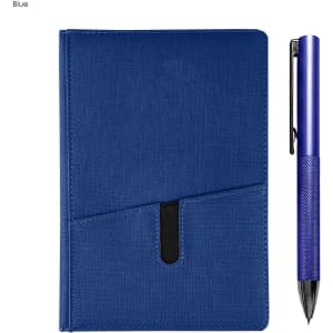 A blue notebook with a textured cover and a matching blue pen. The set includes a pocket for storing notes.