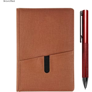 A brown notebook with a pocket and a red pen beside it, featuring a sleek design and a branding logo.