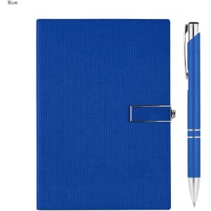 A blue notebook with a textured cover and a silver pen, featuring a logo.