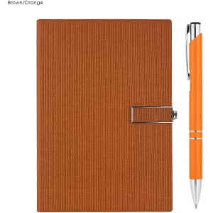 A brown notebook with an orange pen beside it, featuring a clasp closure and a textured cover.