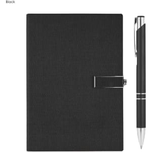 A black notebook with a textured cover and a silver pen placed beside it. The set has a sleek design.