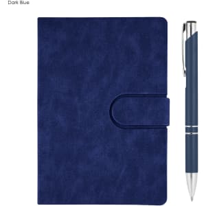 A dark blue notebook with a clasp and a matching pen, part of the Rewiz Notebook and Pen Gift Set.