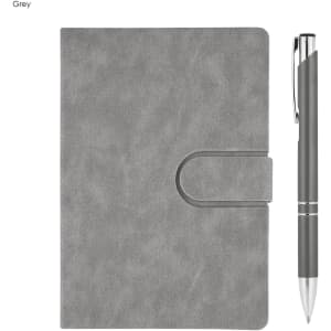 A grey notebook with a clasp and a matching pen, both featured in a sleek gift set.