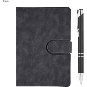 A black notebook with a clasp and a matching pen. Both items are part of a gift set for office use.