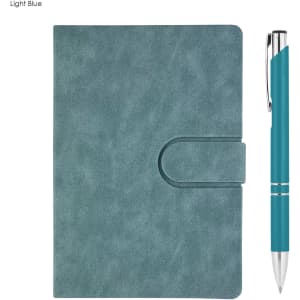 A light blue notebook with a clasp and a matching pen, featuring a silver trim. The set includes a logo.