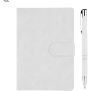A white notebook with a clasp and a matching white pen, both featuring a logo.