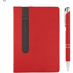 A red notebook with a black pocket and a silver accent pen. Both items are part of a gift set.