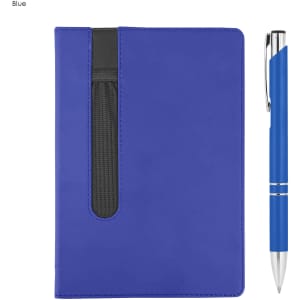 A blue notebook with a pocket and a matching blue pen, featuring a logo.