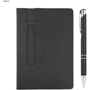 A black Finch notebook with a pen beside it, featuring a sleek design and a pocket for storage.