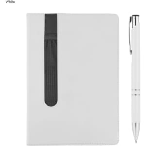 A white notebook with a black elastic strap and a matching white pen beside it. The notebook features a logo.