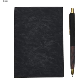 A black notebook and a black pen with a wooden accent, featuring a logo on the pen.