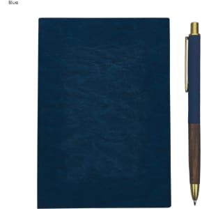 A blue notebook with a textured cover and a matching pen with a gold accent, featuring a logo.