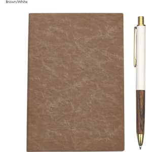 A brown notebook with a textured cover and a white pen with a wooden design, featuring a logo.