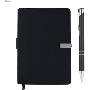 A black notebook with a pen, featuring a metallic clip and a sleek design, suitable for business use.