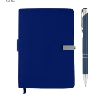 A dark blue notebook with a silver clasp and a matching pen, featuring a sleek design and branding logo.