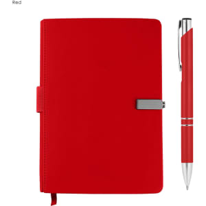 A red notebook with a clasp and a matching pen, featuring a logo on the pen.