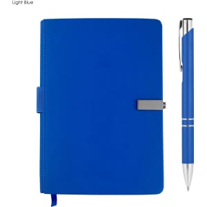 A light blue notebook with a silver clasp and a matching pen, presented as a gift set.
