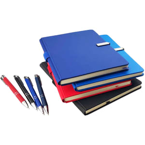 A blue, red, and black notebook set with a silver clasp, accompanied by black, blue, and red pens.