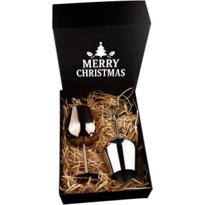 A stainless steel wine glass gift set in a black box, featuring a rose gold and silver glass, with festive straw filling.