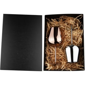 A stainless steel wine glass gift set in rose gold and silver, presented in a black box with straw filling.