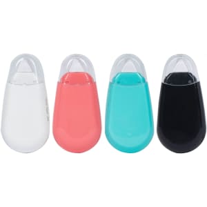 A set of four glue tape dispensers in white, coral, turquoise, and black, each with a clear cap and a branded logo.