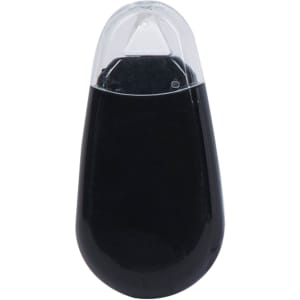 A black glue tape dispenser with a clear top and a rounded shape. It features a branding logo.