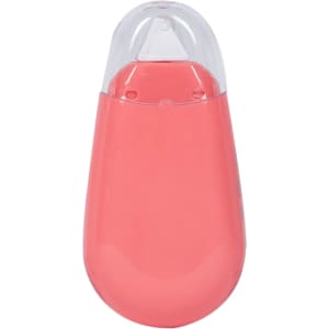 A pink glue tape dispenser with a transparent cap, featuring a rounded shape. It includes a branding logo.