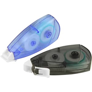 Two glue tape dispensers in blue and grey, featuring circular tape chambers and a design with a logo.